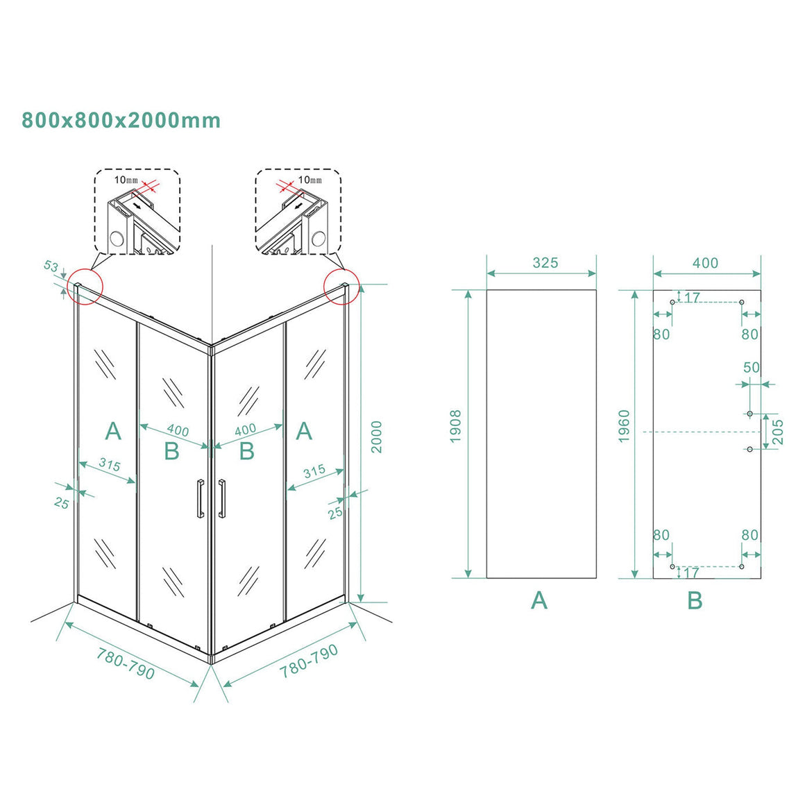 Skyline hoekinstap cabine met 2 schuifdeuren 800 x 800 x 2000 x 8 mm nano helder glas/mat zwart