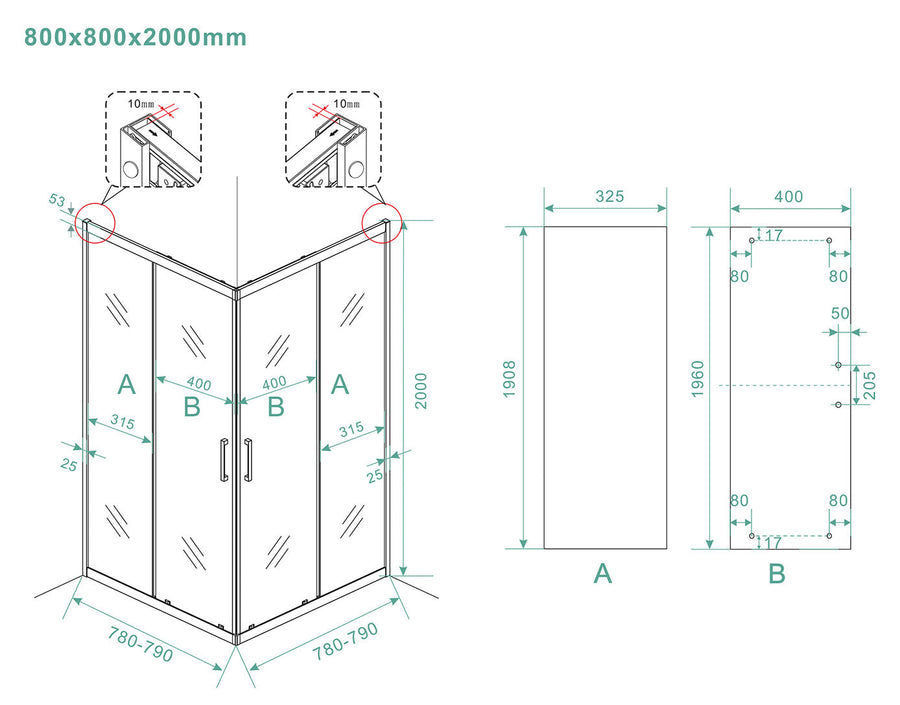 Skyline hoekinstap cabine met 2 schuifdeuren 800 x 800 x 2000 x 8 mm nano helder glas/mat zwart