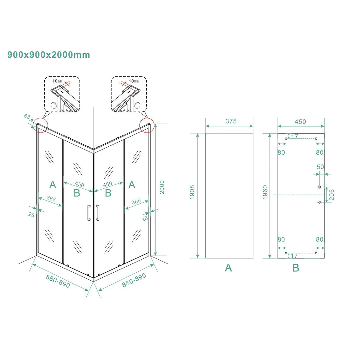 Skyline hoekinstap cabine met 2 schuifdeuren 900 x 900 x 2000 x 8 mm nano helder glas/mat zwart
