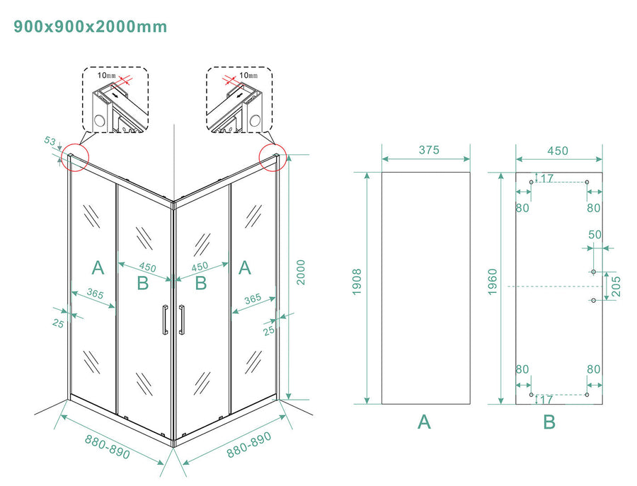 Skyline hoekinstap cabine met 2 schuifdeuren 900 x 900 x 2000 x 8 mm nano helder glas/mat zwart