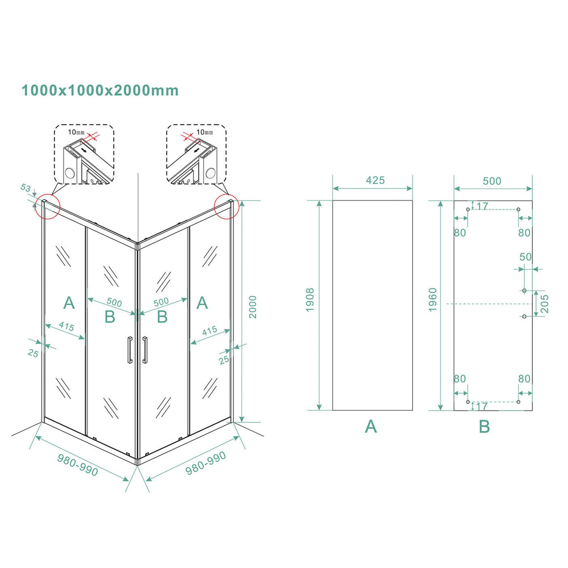 Skyline hoekinstap cabine met 2 schuifdeuren 1000 x 1000 x 2000 x 8 mm nano helder glas/mat zwart