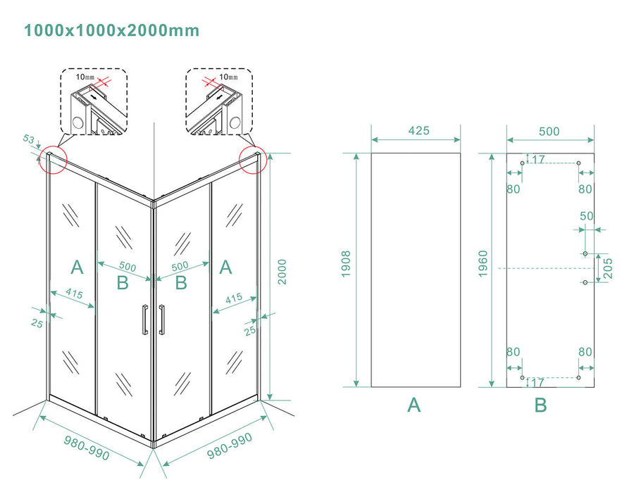 Skyline hoekinstap cabine met 2 schuifdeuren 1000 x 1000 x 2000 x 8 mm nano helder glas/mat zwart