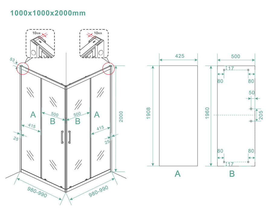 Skyline douchecabine Wiesbaden met hoekingang, 100x100x200cm, 8 mm helder glas, nano-coating, mat zwart