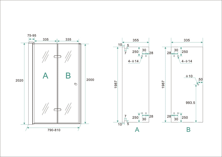 Technische tekening Wiesbaden Maki 80 cm links, totale hoogte 202 cm inclusief profiel