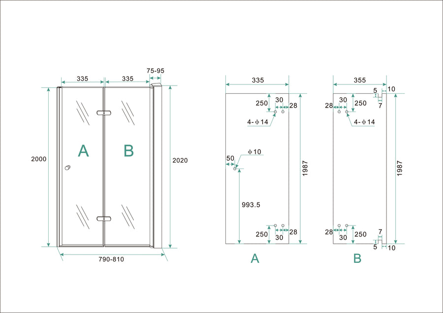 Technische tekening Wiesbaden Maki 80 cm rechts, totale hoogte 202 cm inclusief profiel