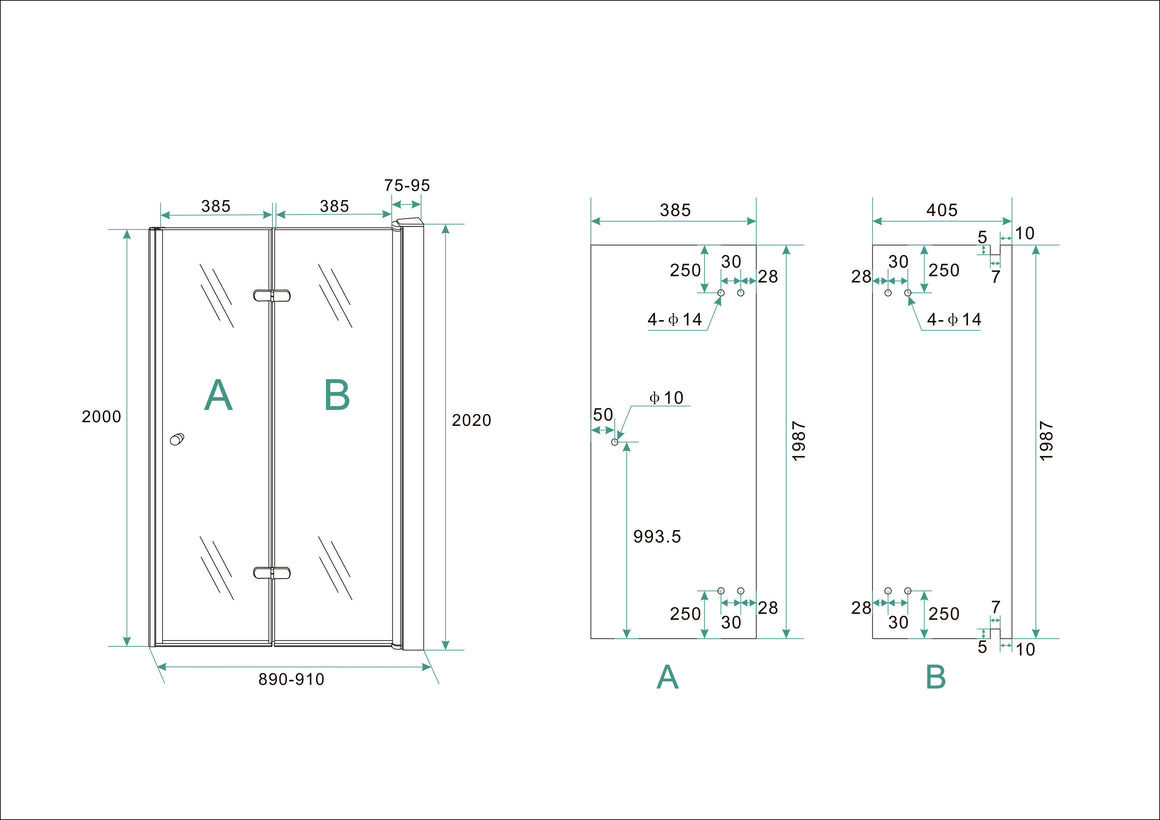 Technische tekening Wiesbaden Maki 90 cm rechts, totale hoogte 202 cm inclusief profiel