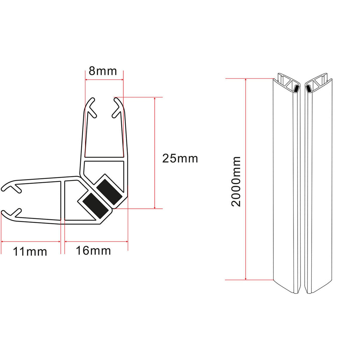 Set magneetstrip 8mm voor Skyline cabine zwart