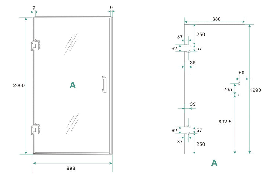 Moins de verre pour porte de niche gauche 900 x 2000 x 8 mm nano miroir fumé vers verre clair
