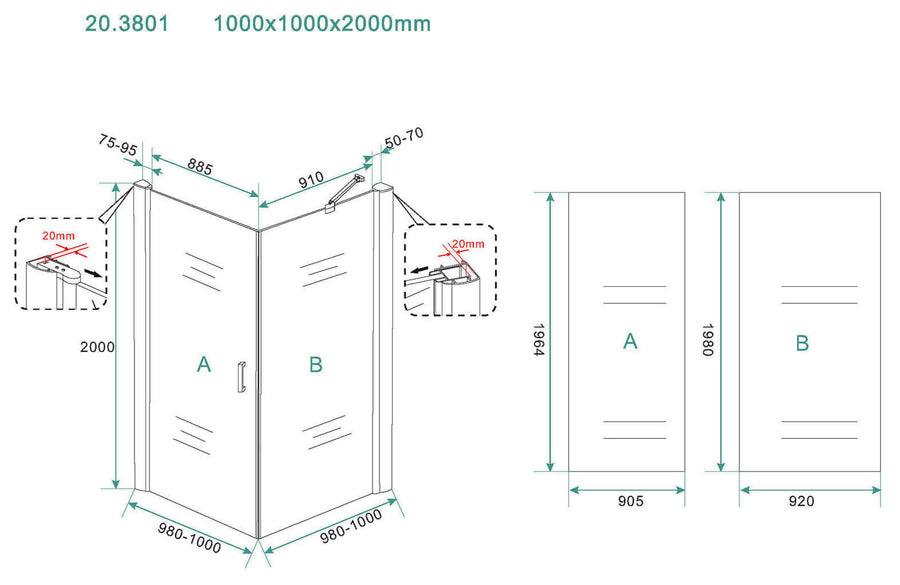 Uni Douchecabine Wiesbaden met draaideur Vierkant 100X100X200 Cm in 8 mm nano-coating, mat zwart