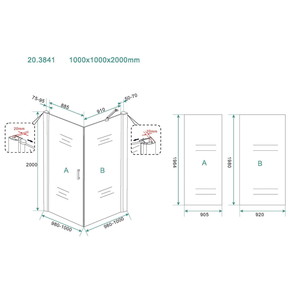Salone cabine met 1 draaideur 1000 x 1000 x 2000 x 8 mm nano helder glas/chroom