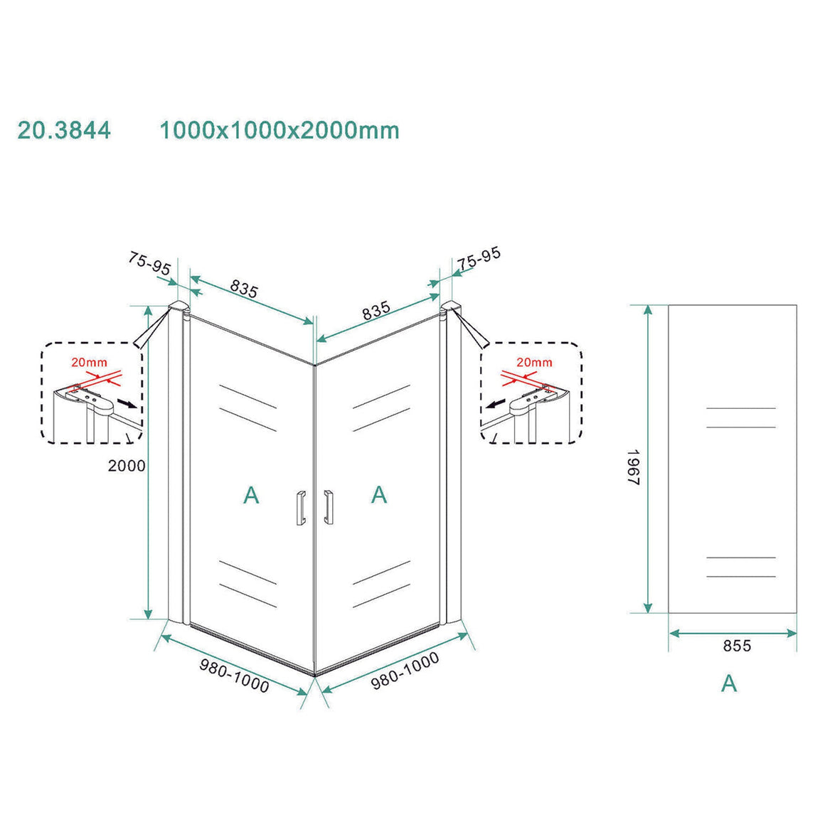 Salone cabine met 2 draaideuren 1000 x 1000 x 2000 x 8 mm nano helder glas/chroom