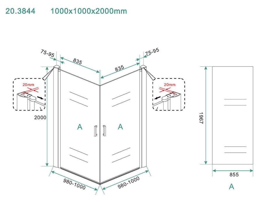 Wiesbaden Uni porte de douche double pivotante 1000x1000x2000 mm 8mm revêtement nano