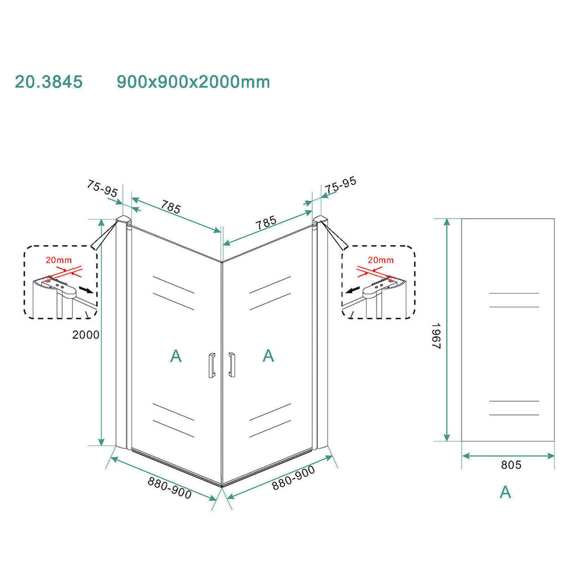 Salone cabine met 2 draaideuren 900 x 900 x 2000 x 8 mm nano helder glas/chroom