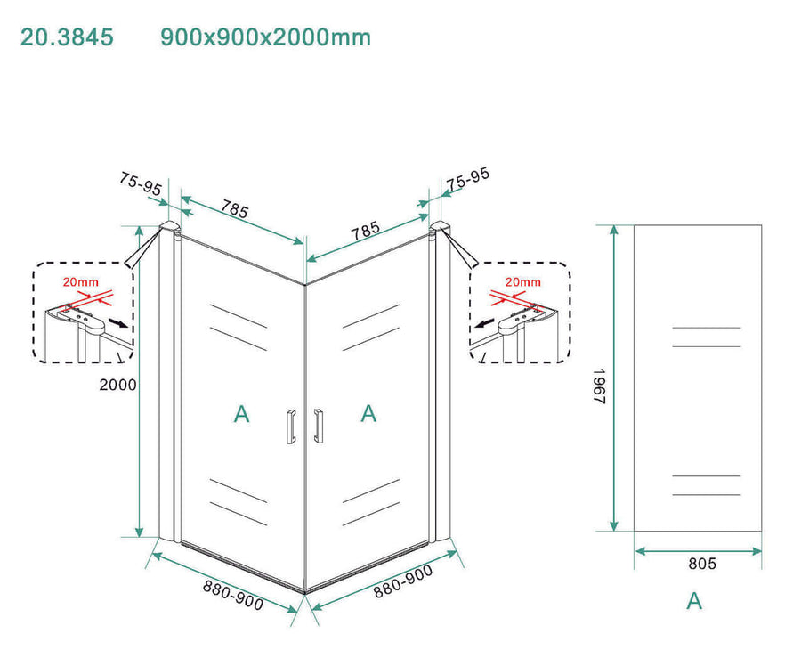 Douchecabine met dubbele draaideur Wiesbaden 90X90Cm met 8 mm nanocoating