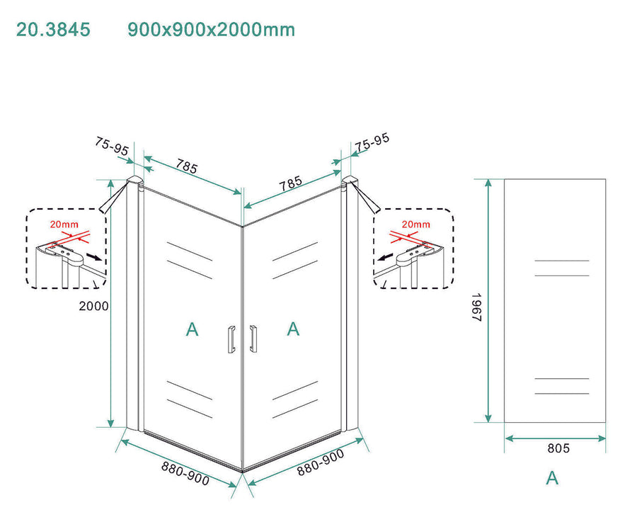 Salone cabine met 2 draaideuren 900 x 900 x 2000 x 8 mm nano helder glas/chroom