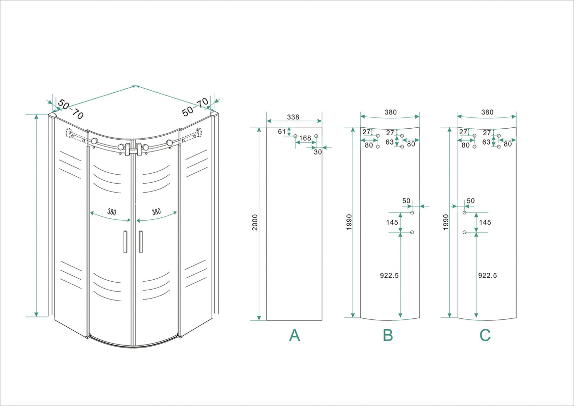 Entra cabine kwartrond met 2 schuifdeuren 900 x 900 x 2000 x 8 mm nano helder glas/chroom