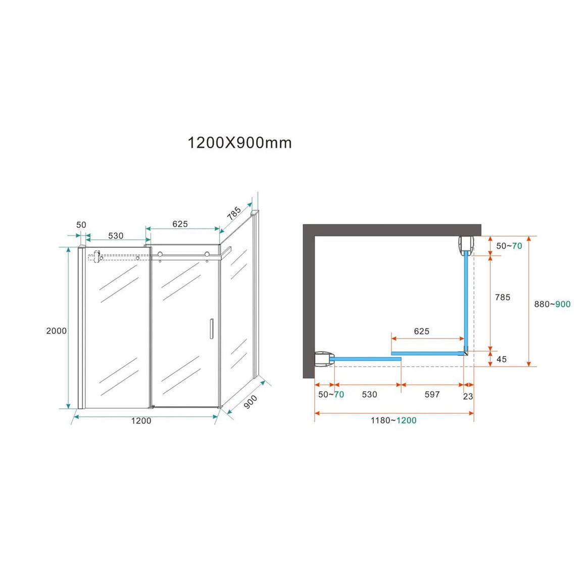 Wiesbaden Pared cabine 120 x 90 cm - technische tekening
