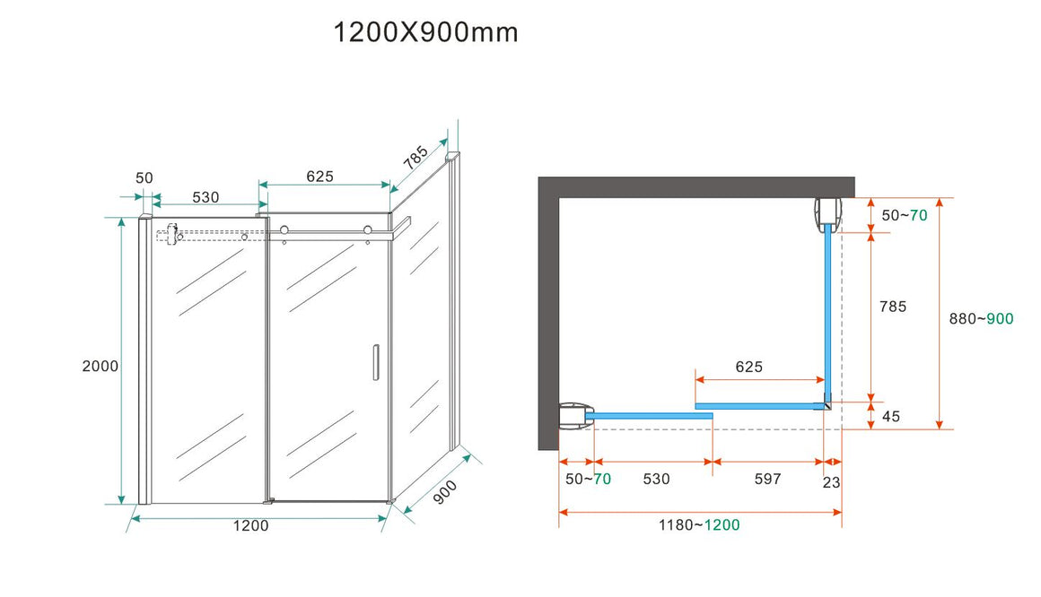 Wiesbaden Pared cabine 120 x 90 cm - technische tekening