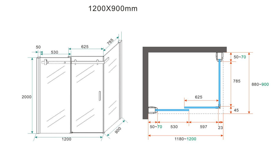 Douchecabine Wiesbaden met 1 schuifdeur 120X90cm en 8mm nanocoating