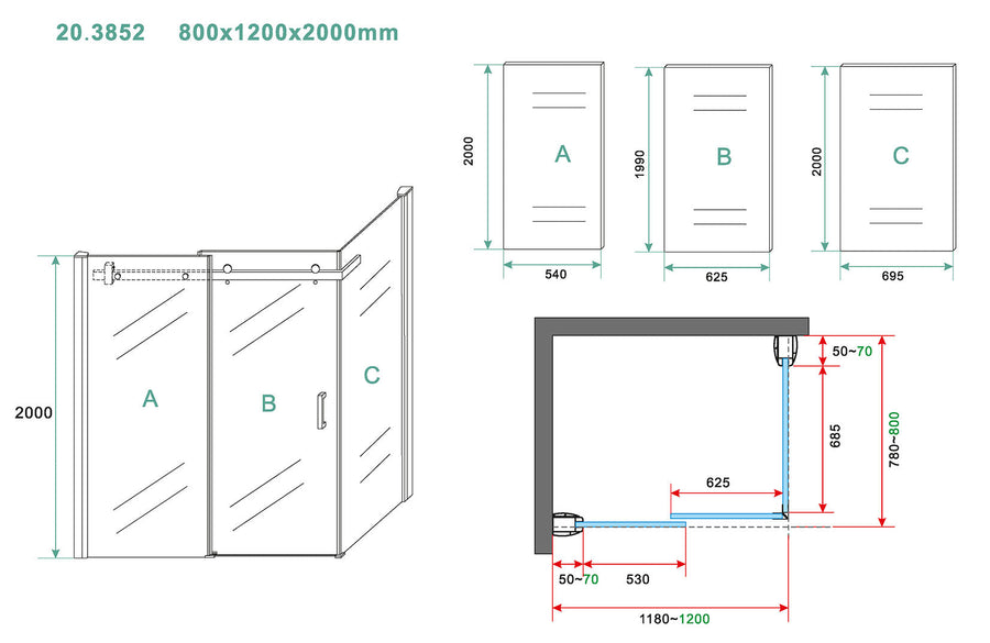 Rechthoekige Schuifdeur Douchecabine Wiesbaden 120x80 cm 8 mm Nano Coating