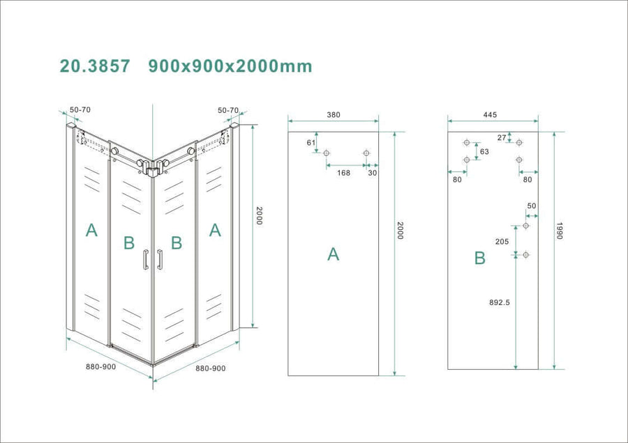 Douchecabine met hoekinstap Wiesbaden met 2 schuifdeuren 90X90X200 cm en 8 mm nanoglas