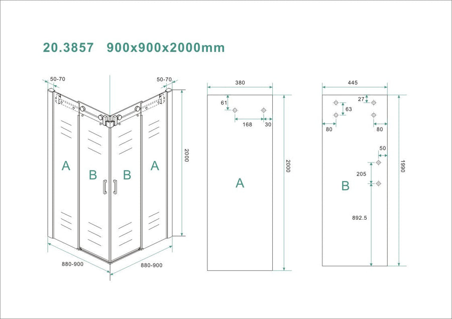 Entra hoekinstap cabine met 2 schuifdeuren 900 x 900 x 2000 x 8 mm nano helder glas/chroom