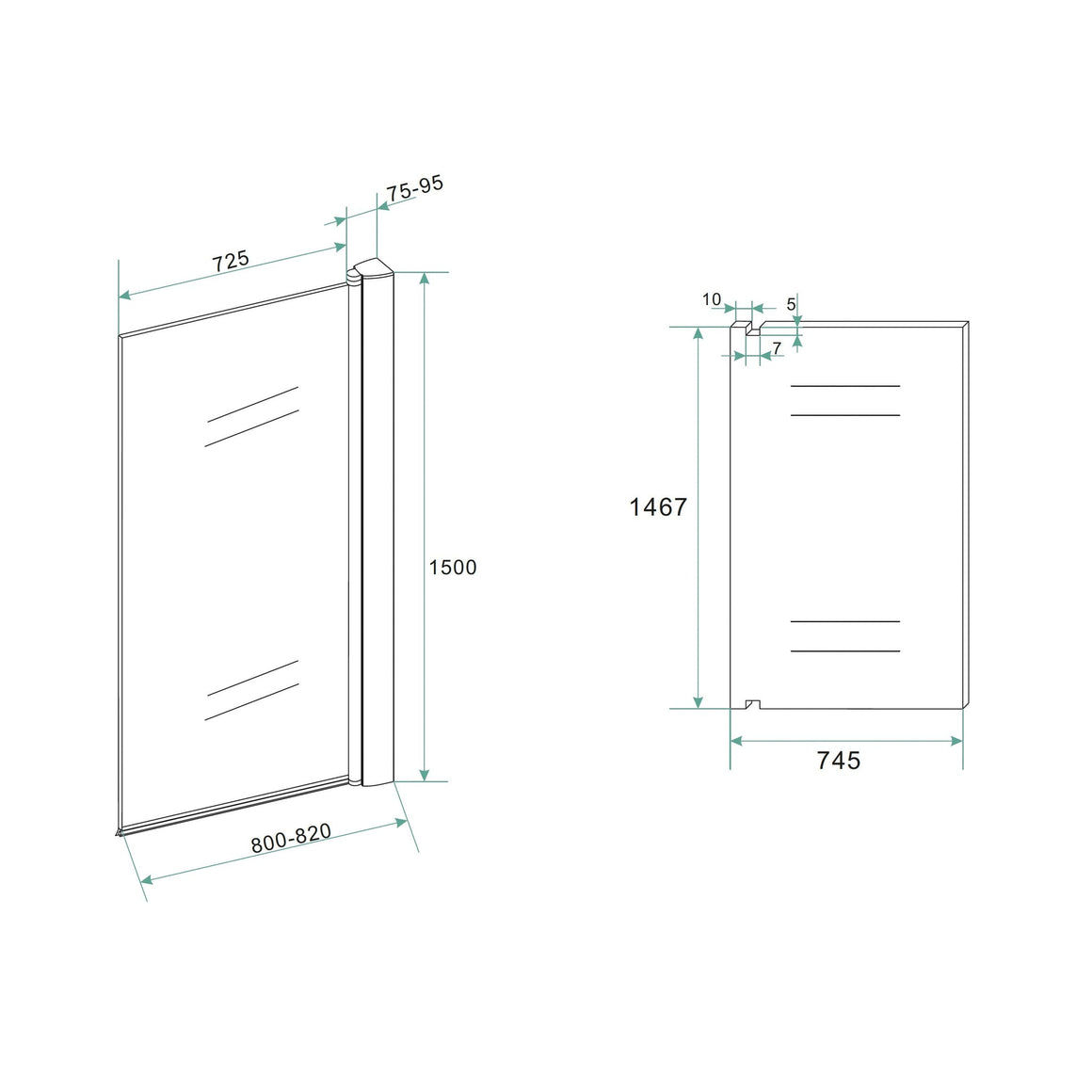 Orbit badwand draaibaar 800 x 1500 x 6 mm nano helder glas/mat zwart