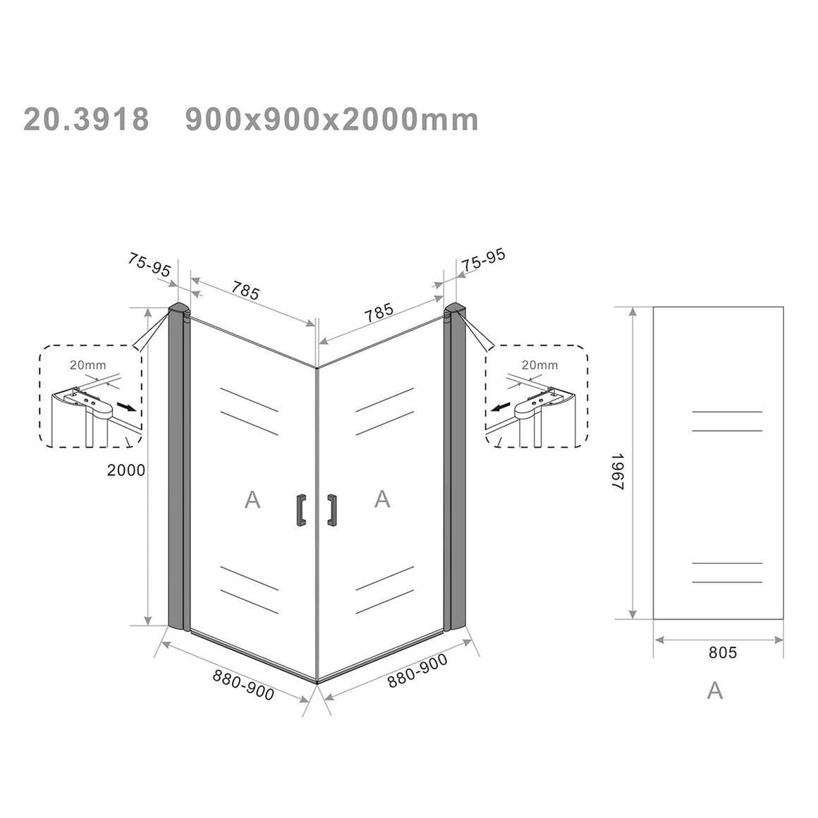 Salone cabine met 2 draaideuren 900 x 900 x 2000 x 8 mm nano helder glas/mat zwart