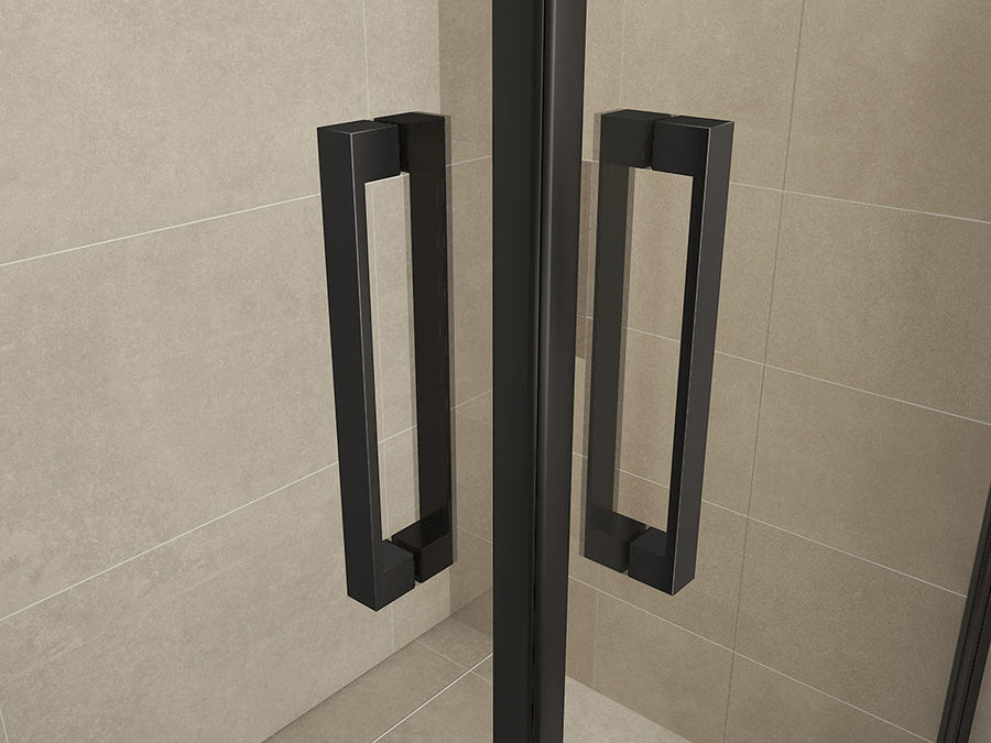Salone cabine met 2 draaideuren 900 x 900 x 2000 x 8 mm nano helder glas/mat zwart