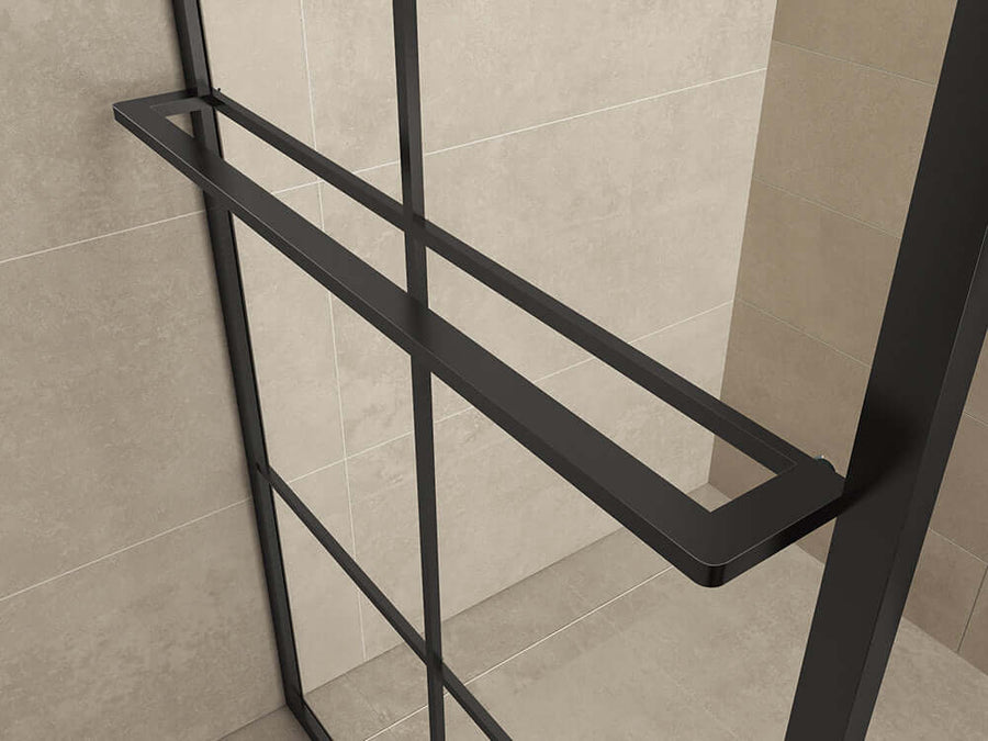 Wiesbaden Duschwand 10mm | Matt Schwarz mit Handtuchhalter | NANO Beschichtung | Walk-in-Dusche (Alle Größen)