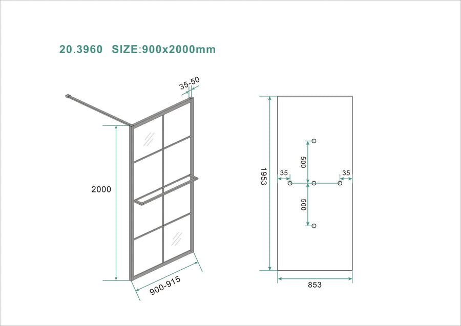 Maaz inloopdouche met raster en handdoekhouder 900 x 2000 x 10 mm helder glas/mat zwart