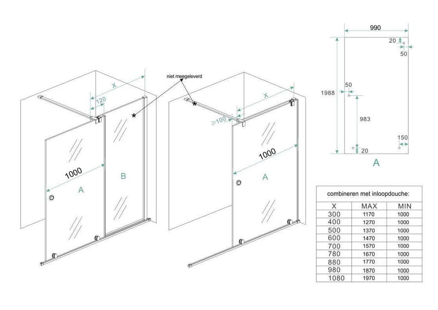 Schuifverlenging Inloopdouche Wiesbaden 100x200 cm op rail 10 mm Nano Glas