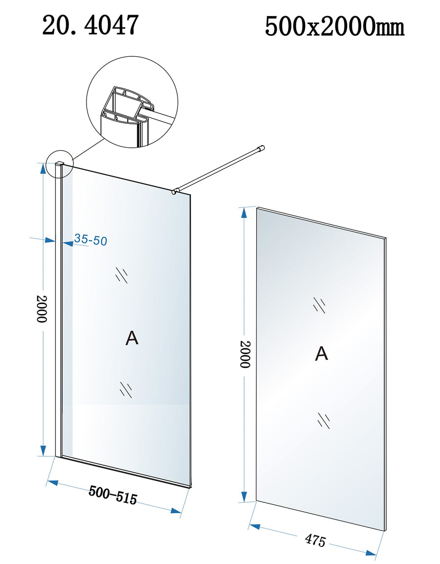 Eco Duschkabine 500 x 2000 x 8 mm Nano klares Glas/Chrom