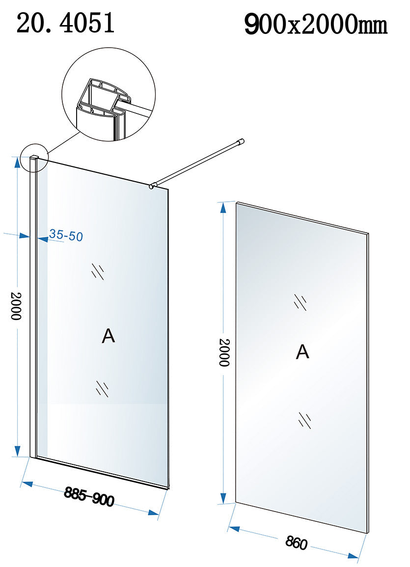 Douche à l'italienne Eco 900 x 2000 x 8 mm verre nano clair/chrome