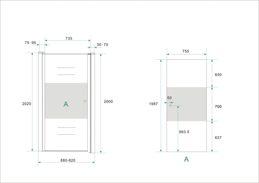 Partly nisdeur links 900 x 2000 x 8 mm nano helder glas met melkglas middenband/chroom