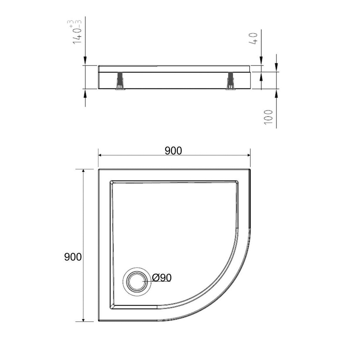 Wiesbaden douchebak kwartrond acryl glans wit - technische tekening