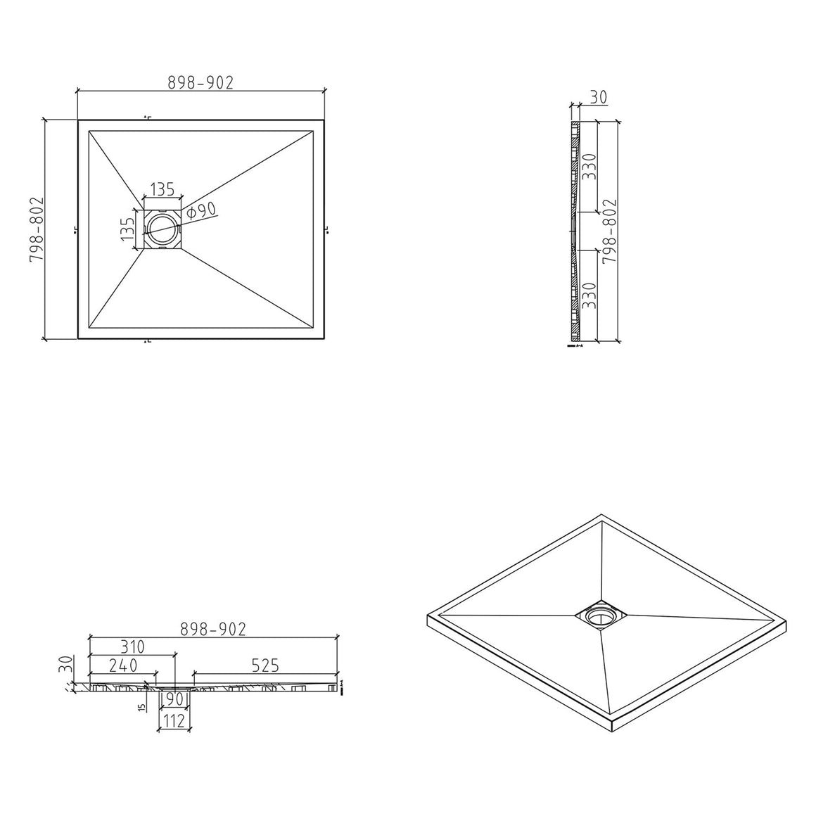 Wiesbaden Stonea douchebak mat wit - technische tekening