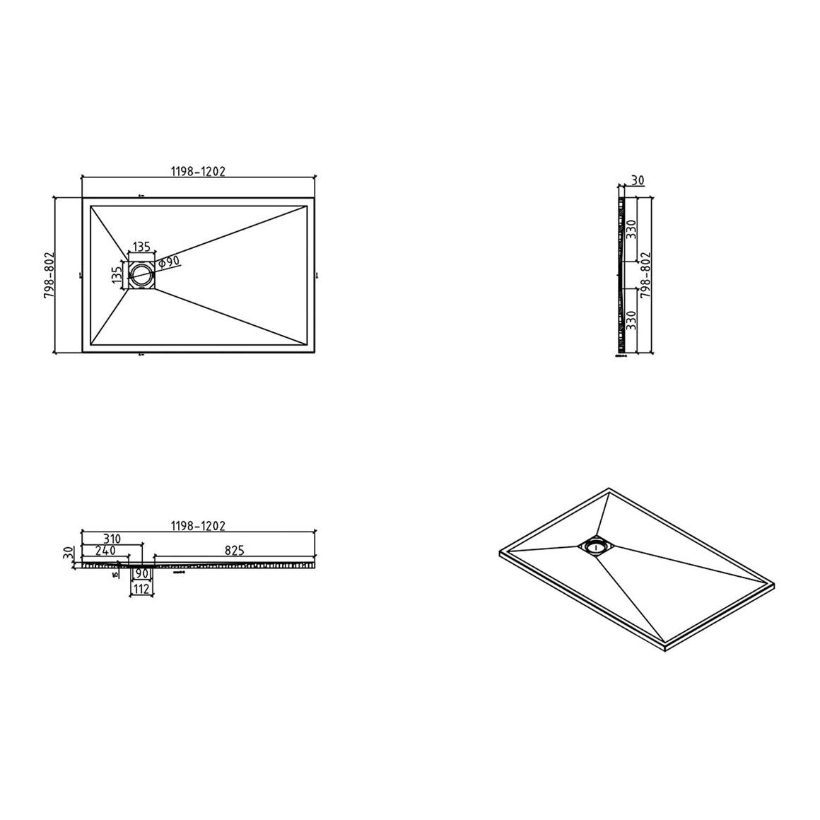 Wiesbaden Stonea douchebak wit - technische tekening