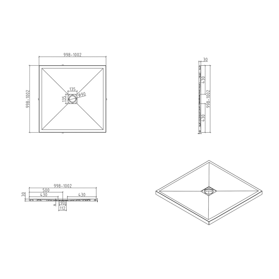 Wiesbaden Stonea douchebak antislip composiet 1000 x 1000 x 30 mm inkortbaar beige - technische tekening