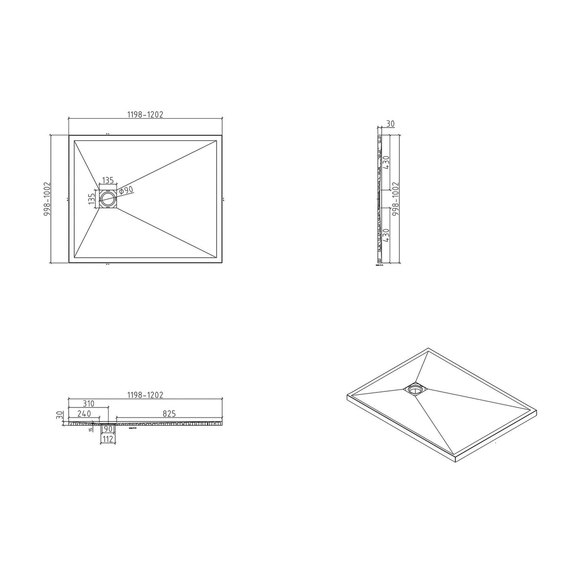 Wiesbaden Stonea douchebak antislip composiet 1000 x 1200 x 30 mm inkortbaar beige - technische tekening