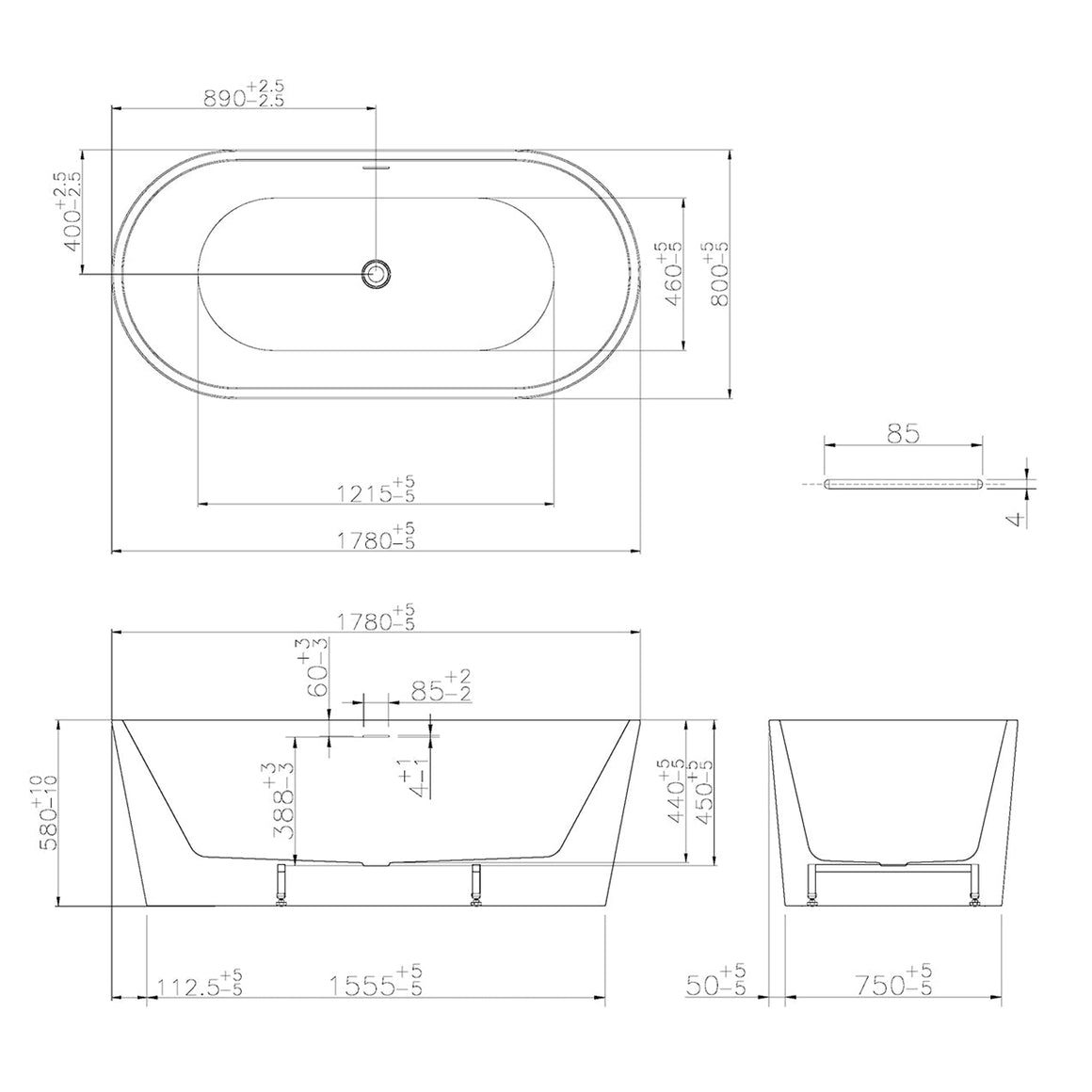 Wiesbaden Libero vrijstaand ligbad mat wit - technische tekening