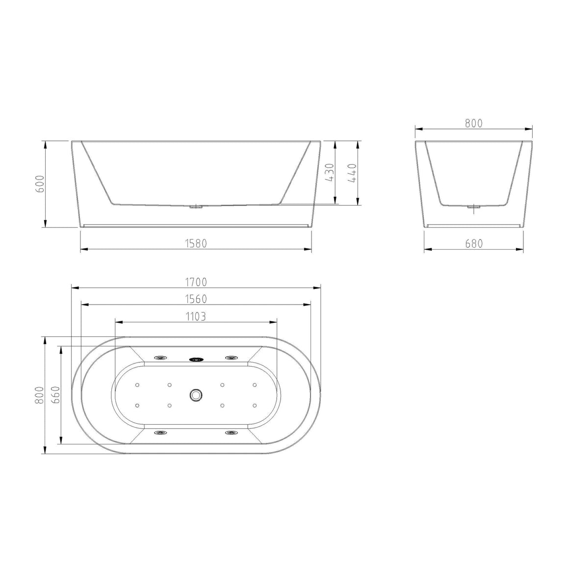 Wiesbaden Libero vrijstaand whirlpool ligbad glans wit - technische tekening