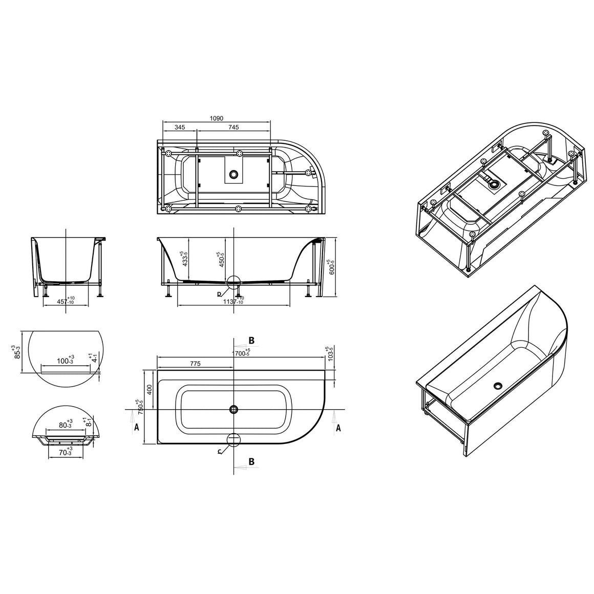 Wiesbaden Zenn hoekbad 170 x 75 cm / Glans wit - technische tekening