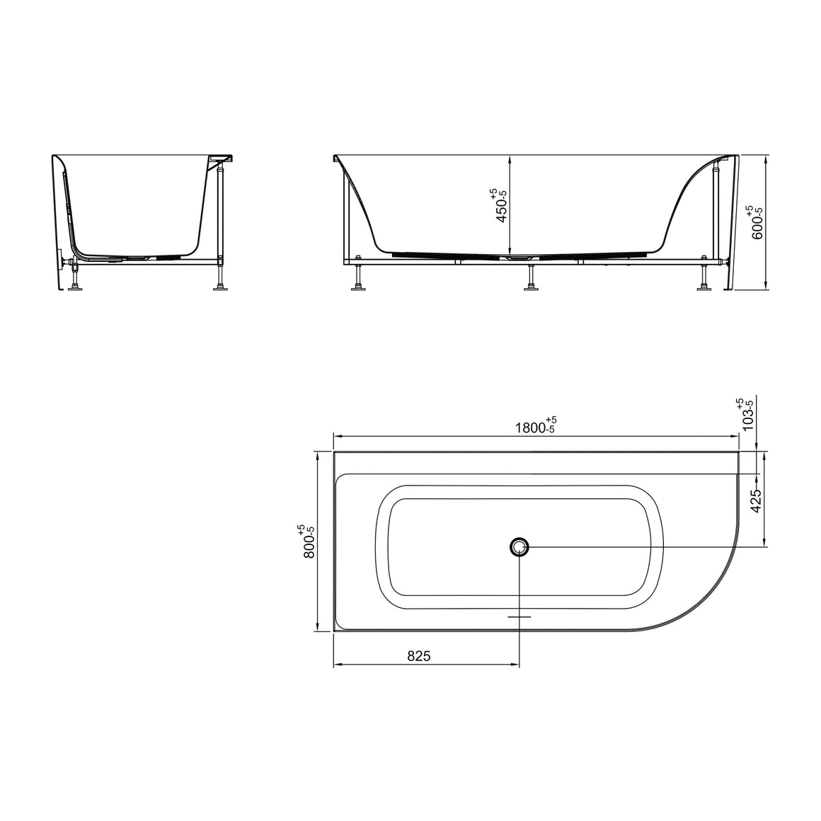Wiesbaden Zenn hoekbad 180 x 80 cm / Glans wit - technische tekening