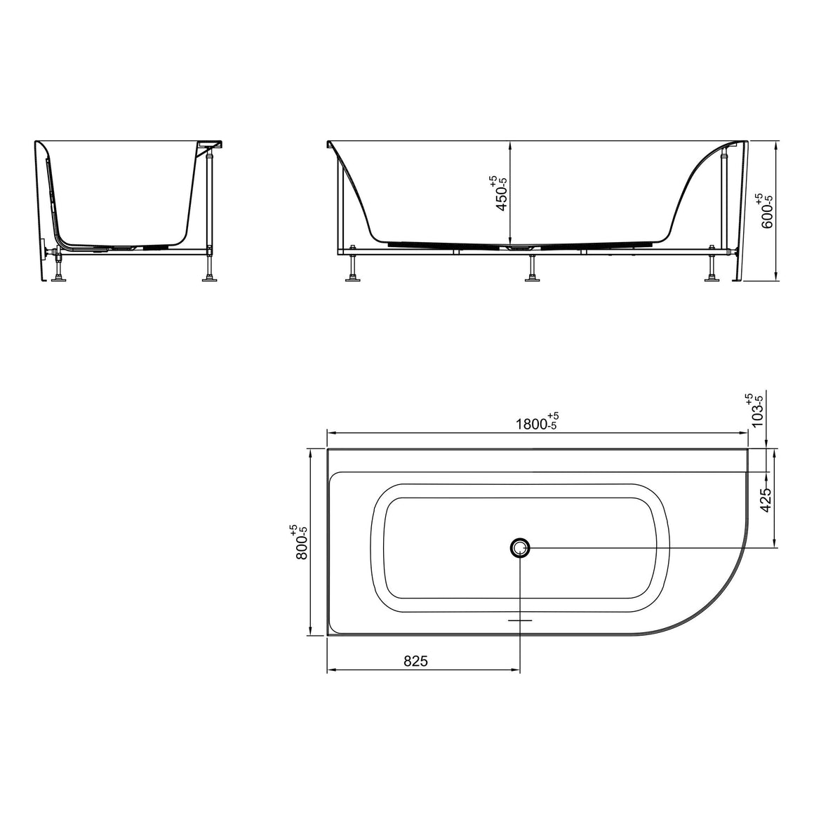 Wiesbaden Zenn hoekbad 180 x 80 cm / Mat wit - technische tekening