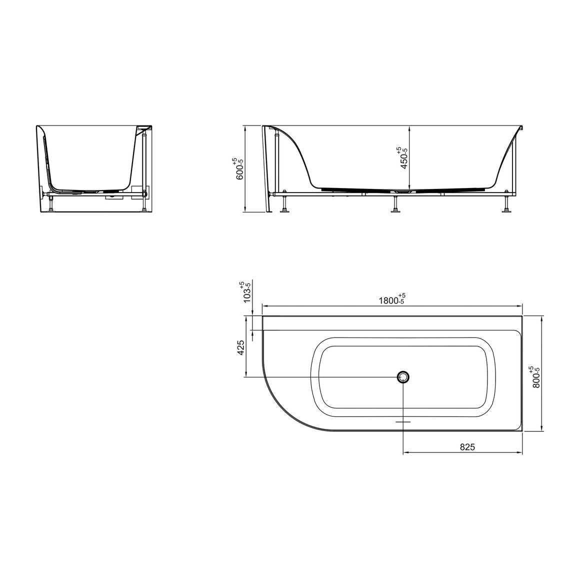 Wiesbaden Zenn hoekbad 180 x 80 cm / Glans wit - technische tekening