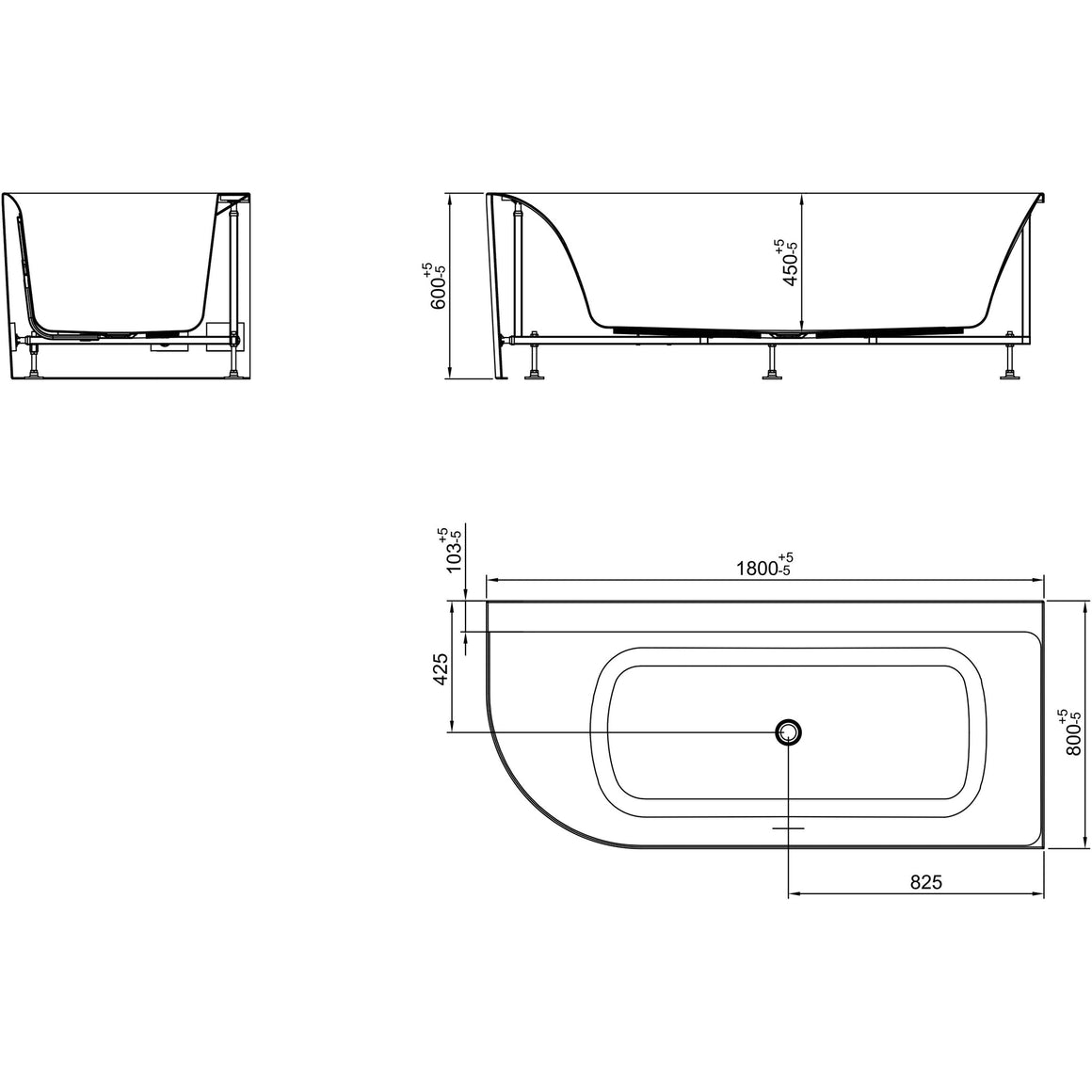 Wiesbaden Zenn hoekbad 180 x 80 cm / Mat wit - technische tekening