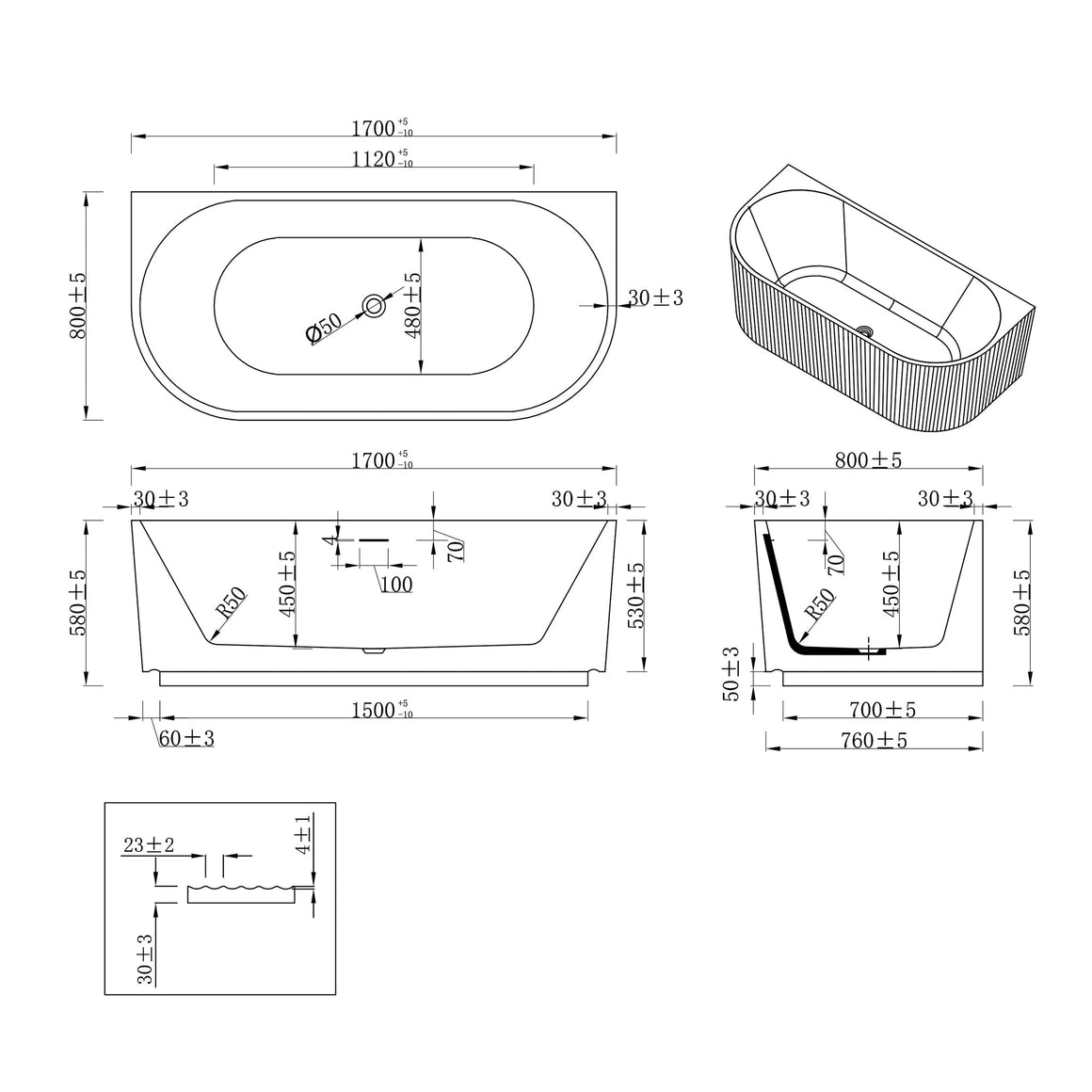 Wiesbaden Rivi half vrijstaand ligbad acryl met waste 170 cm / Glans wit - technische tekening