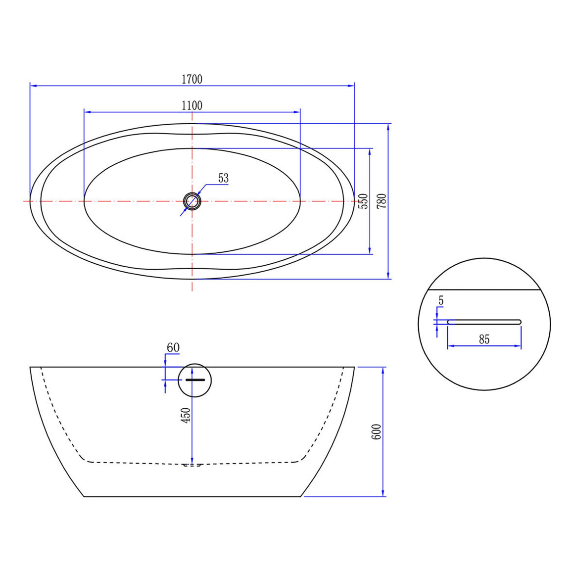 Wiesbaden Oval vrijstaand ligbad mat wit - technische tekening