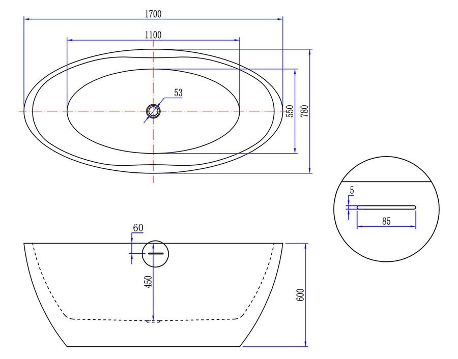 Wiesbaden Oval vrijstaand ligbad mat wit - technische tekening